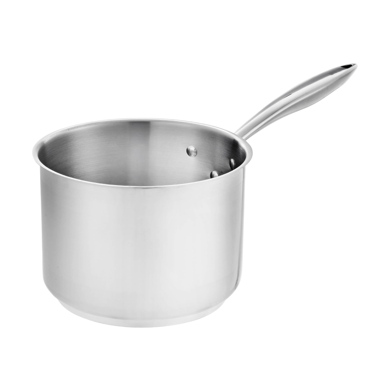 Browne Thermalloy 4.5 Qt stainless steel sauce pan with riveted stay-cool handle on white background