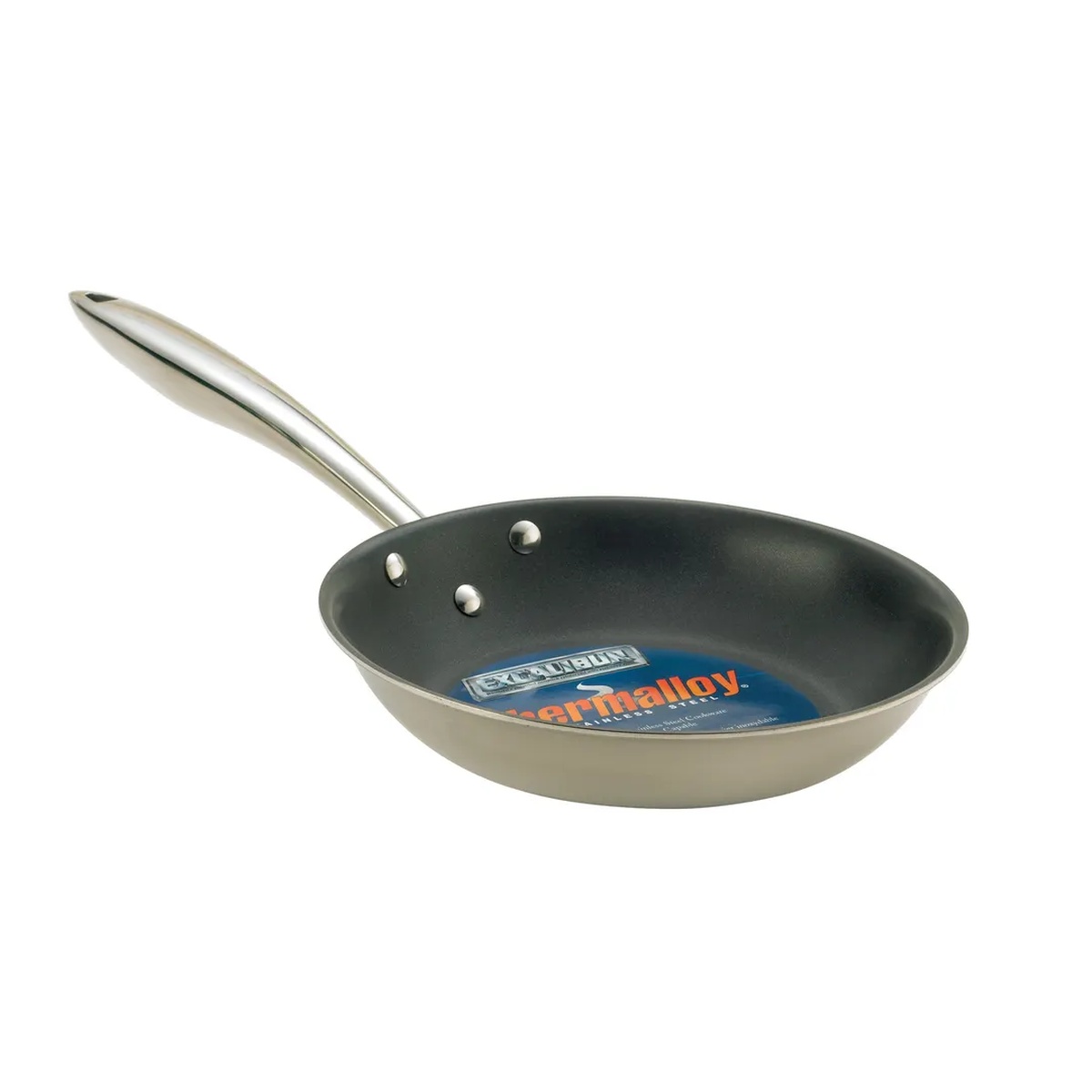 Browne Thermalloy Excalibur non-stick fry pan showing handle side with double rivets and Thermalloy branding label on interior