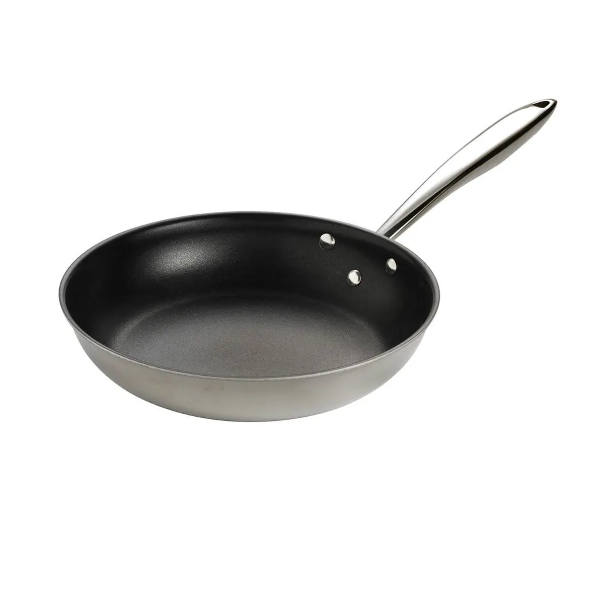 Browne Thermalloy 9.5-inch non-stick fry pan with polished stainless handle and dark Excalibur non-stick interior, angled view