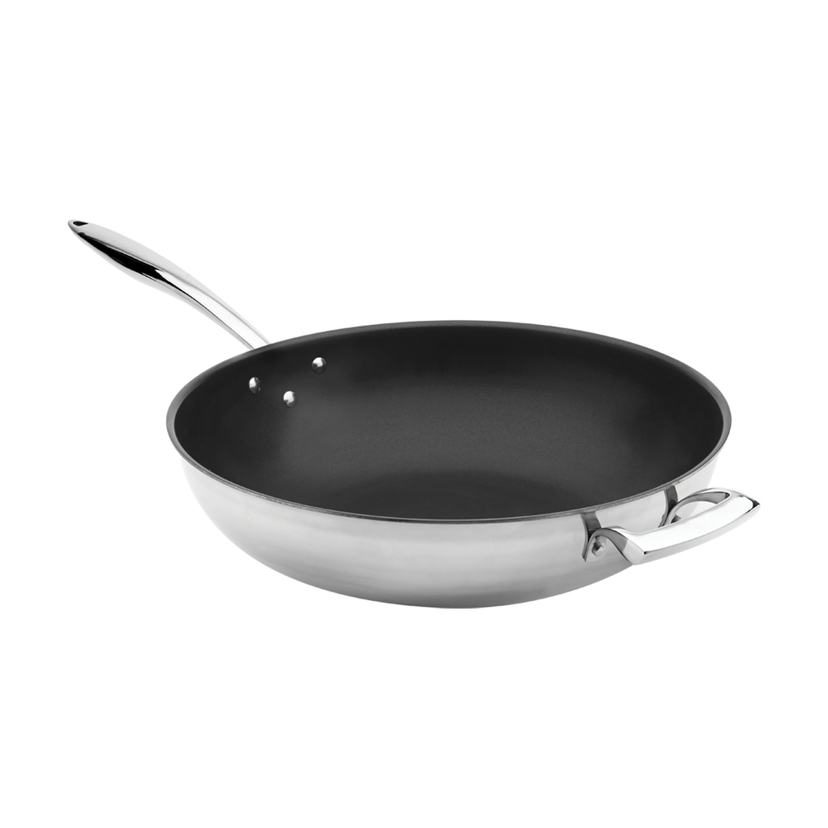 Browne Thermalloy 12-inch tri-ply wok with stainless steel exterior, black Excalibur non-stick interior, long handle, and helper handle