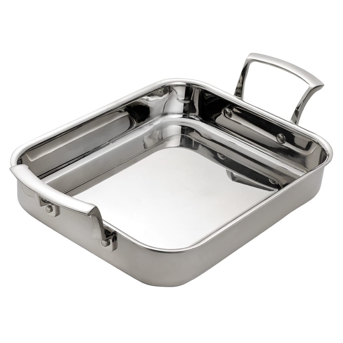 Browne USA Foodservice stainless steel roasting pan with riveted loop handles and mirror-polished interior
