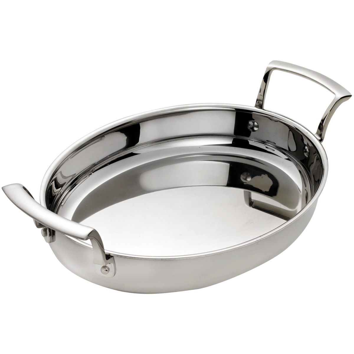 Browne Thermalloy stainless steel oval roast pan with riveted ergonomic handles