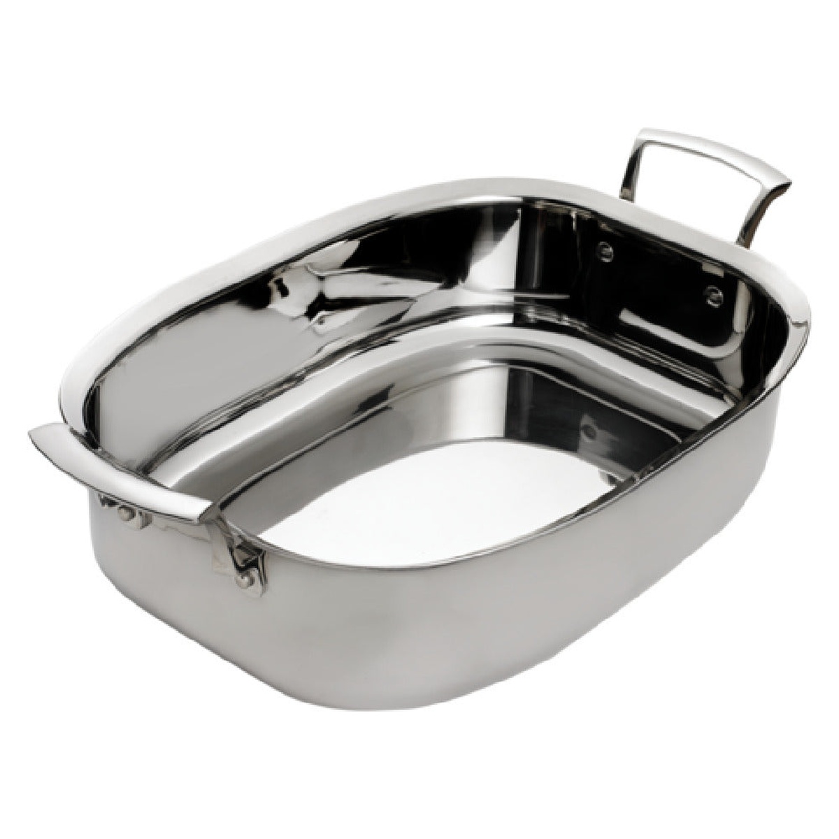 Browne Thermalloy 7-quart stainless steel rectangular roast pan with riveted ergonomic handles on white background