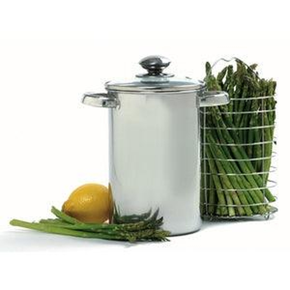 Norpro 3-piece stainless steel vertical steamer set with asparagus and lemon