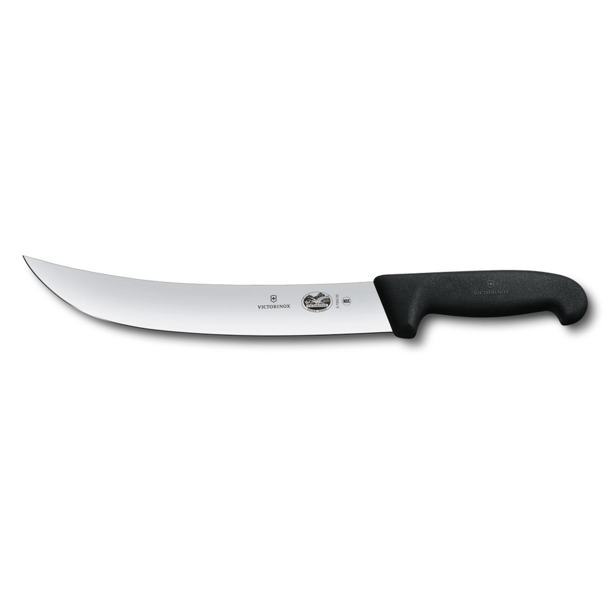 Victorinox Fibrox Cimeter Knife with curved stainless steel blade and black Fibrox handle, side profile view
