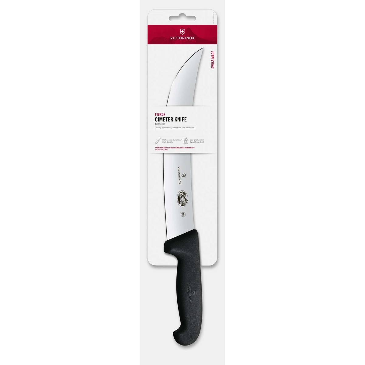 Victorinox Fibrox Cimeter Knife in retail packaging, showing full blade and black Fibrox handle with Swiss Made label