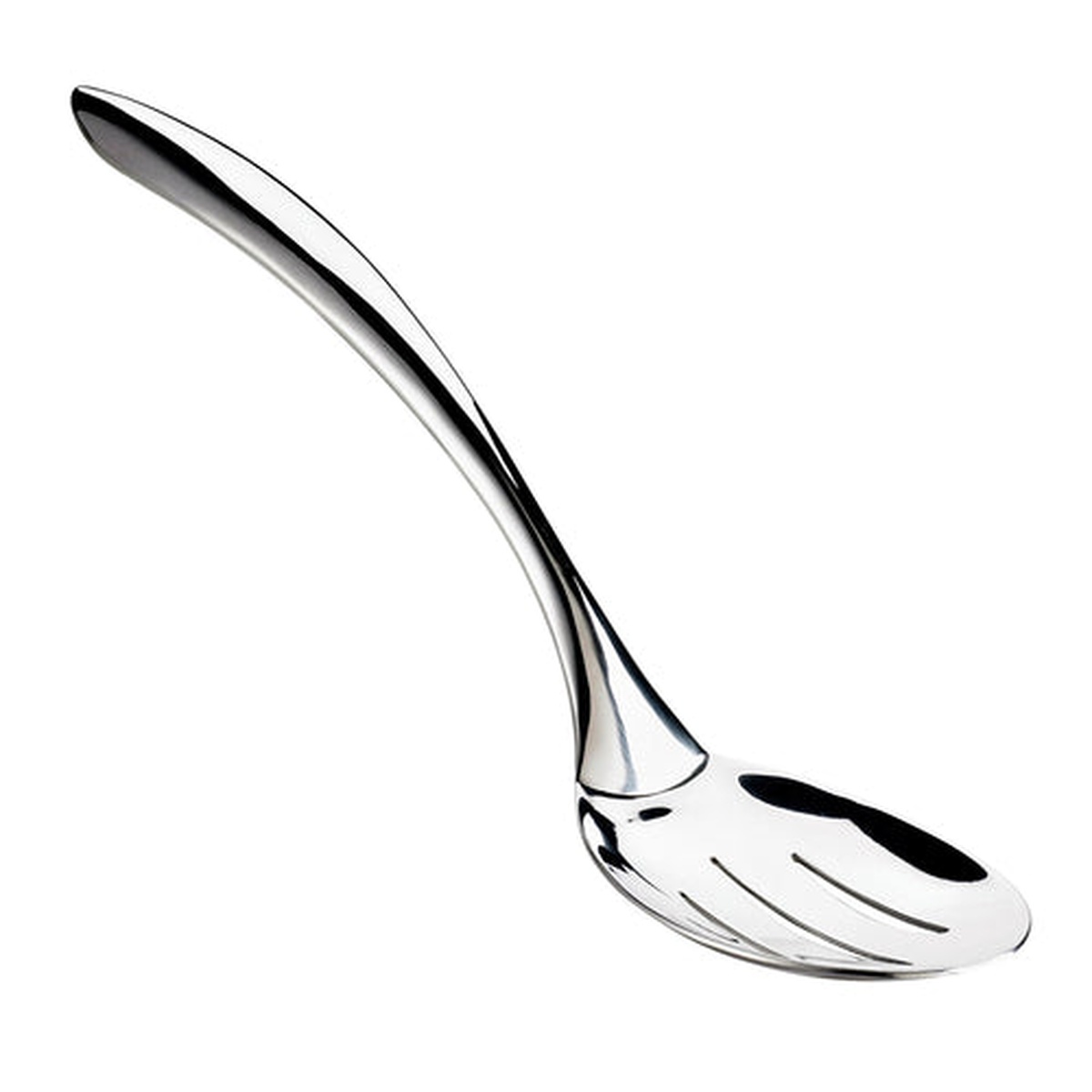 Browne USA Eclipse 573181 slotted serving spoon with curved hollow handle in mirror-finish stainless steel