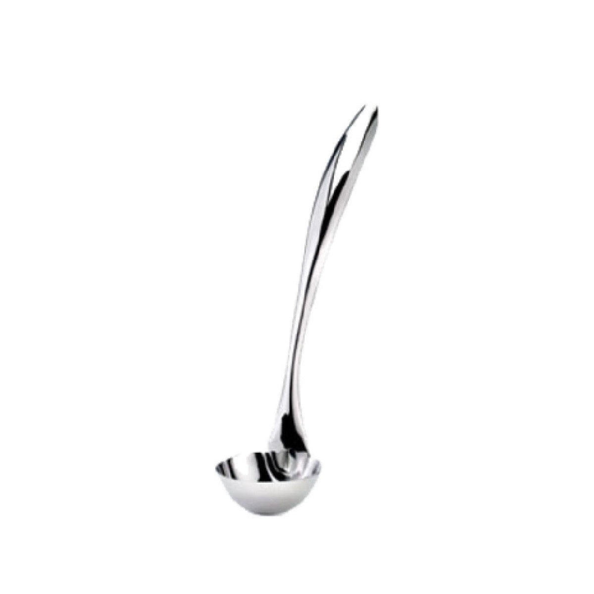 Browne USA Foodservice 573184 Eclipse stainless steel serving ladle showing mirror finish and ergonomic arc handle design, front view