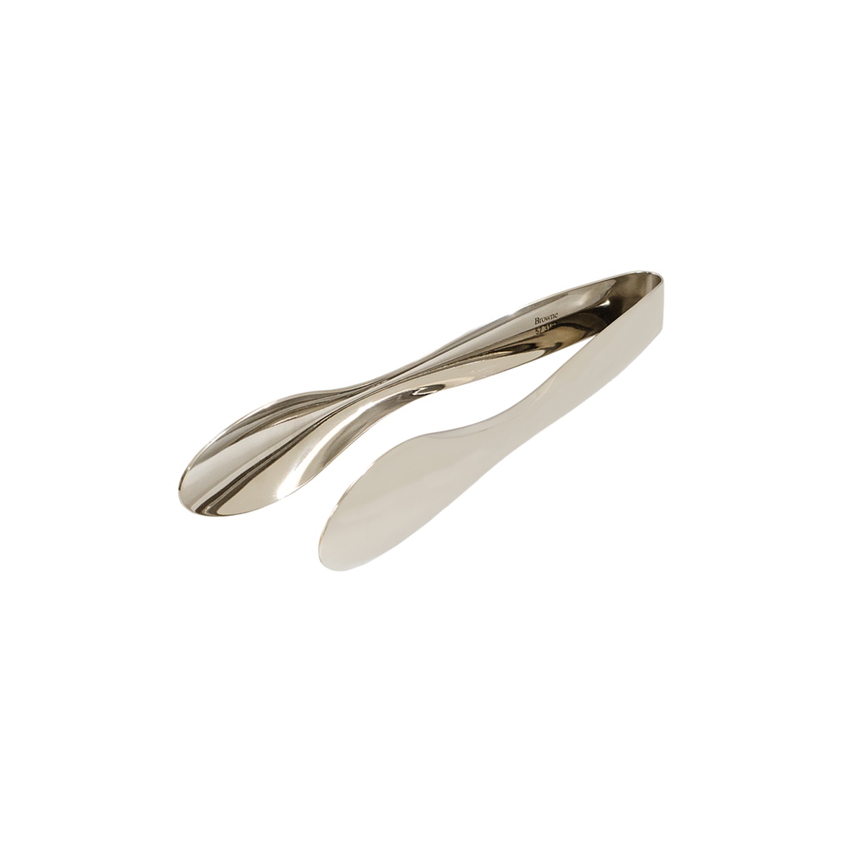 Browne Eclipse 6-inch stainless steel serving tongs with mirror finish and arc handle on white background