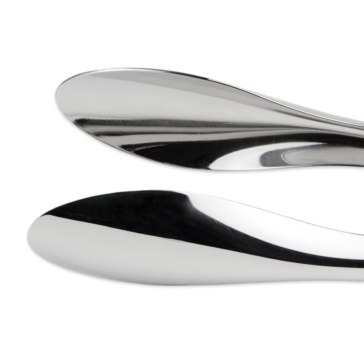 Close-up of Browne 573187 Eclipse tongs showing angled, mirror-polished stainless steel serving tips