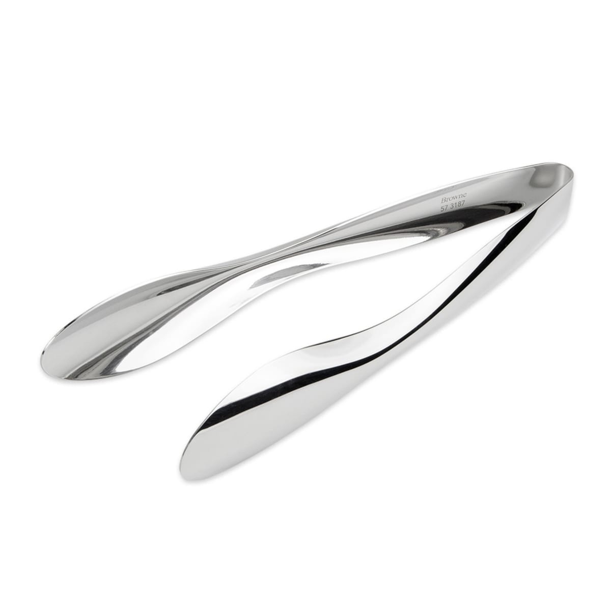 Browne 573187 Eclipse 9.5-inch stainless steel serving tongs, full view on white background