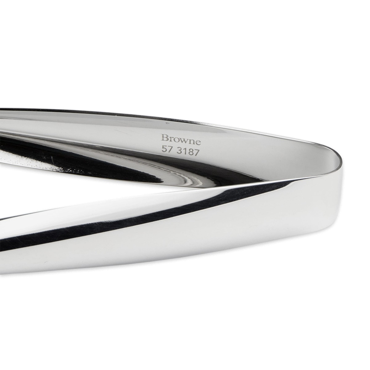 Close-up of Browne 573187 tongs handle pivot area showing Browne branding stamp and mirror-polished stainless steel