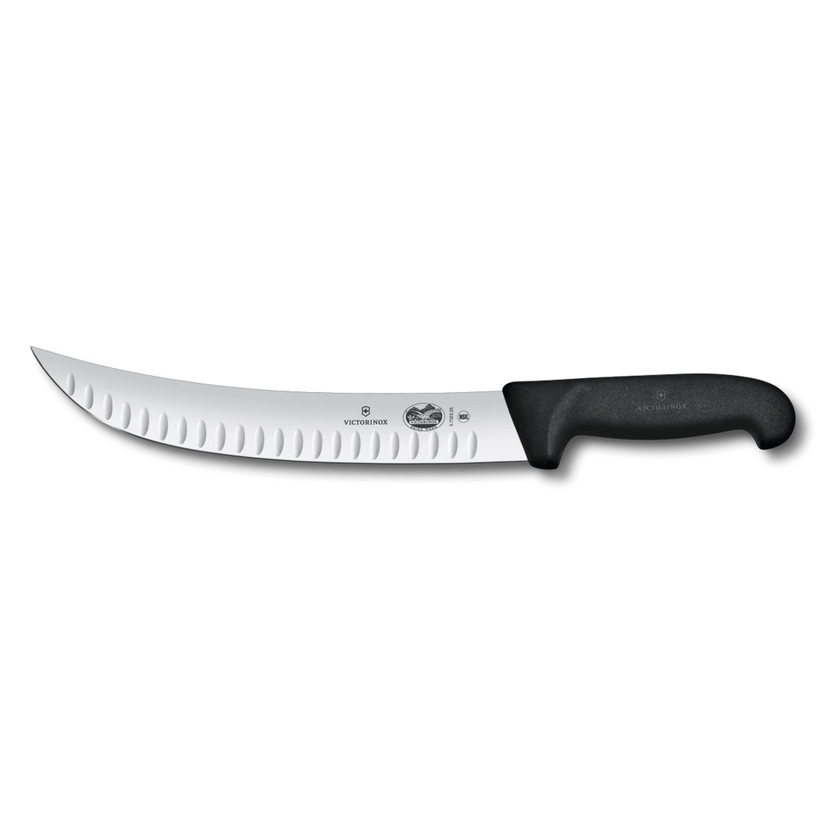 Victorinox Fibrox Cimeter Knife with curved stainless steel Granton blade and black Fibrox handle, full side view