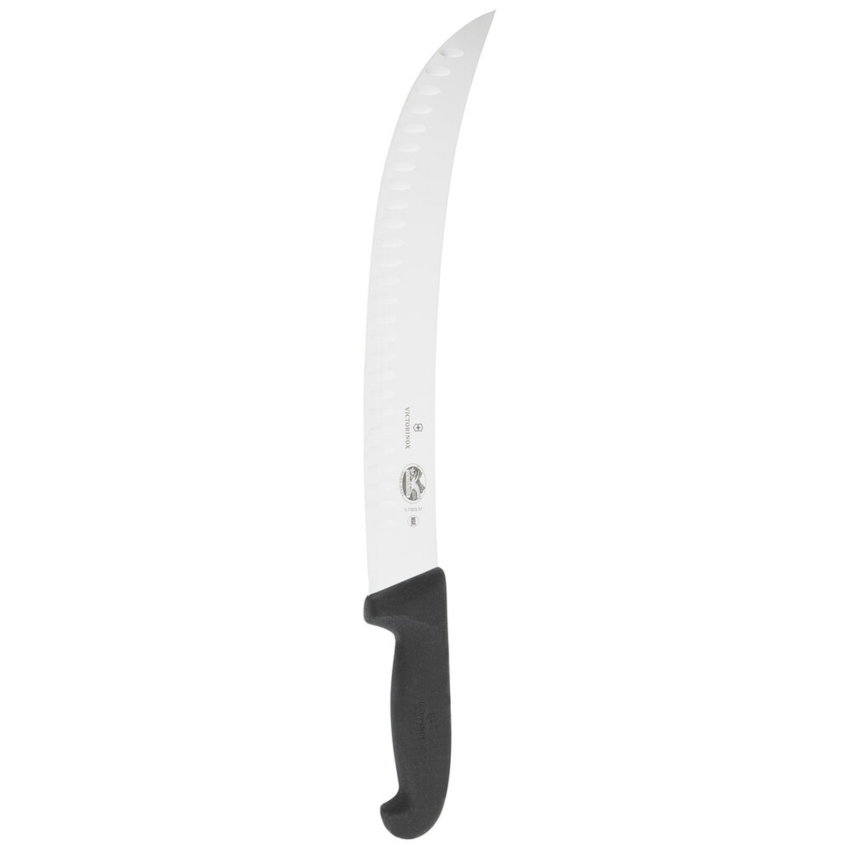 Victorinox 12-inch cimeter knife with granton edge scallops visible along the curved stainless steel blade and black Fibrox handle