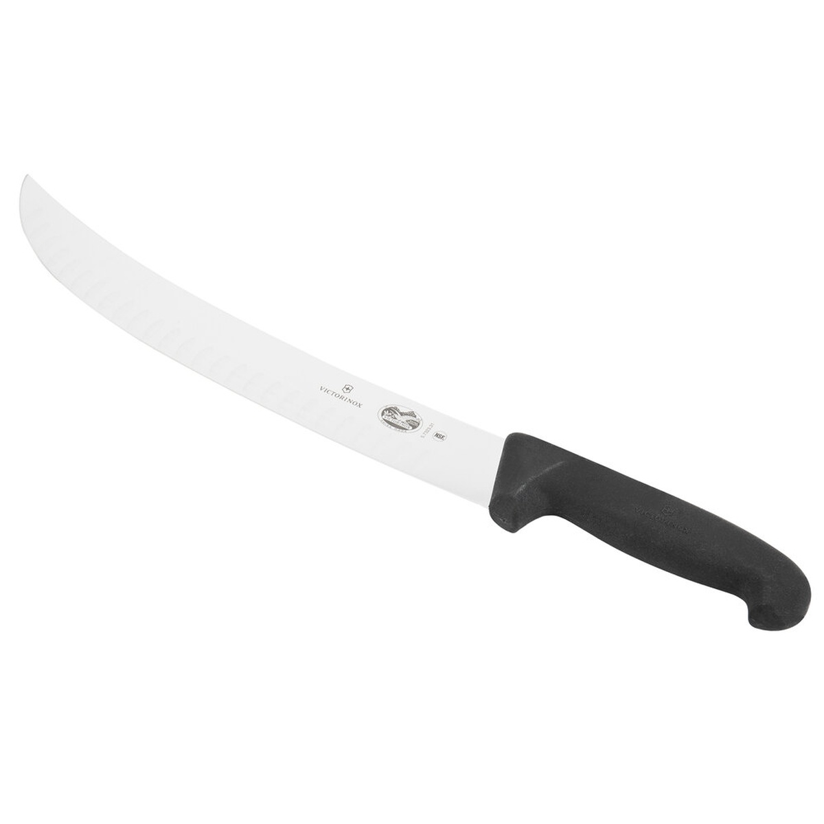 Victorinox cimeter knife angled to show full curved profile of the stainless blade and black Fibrox handle