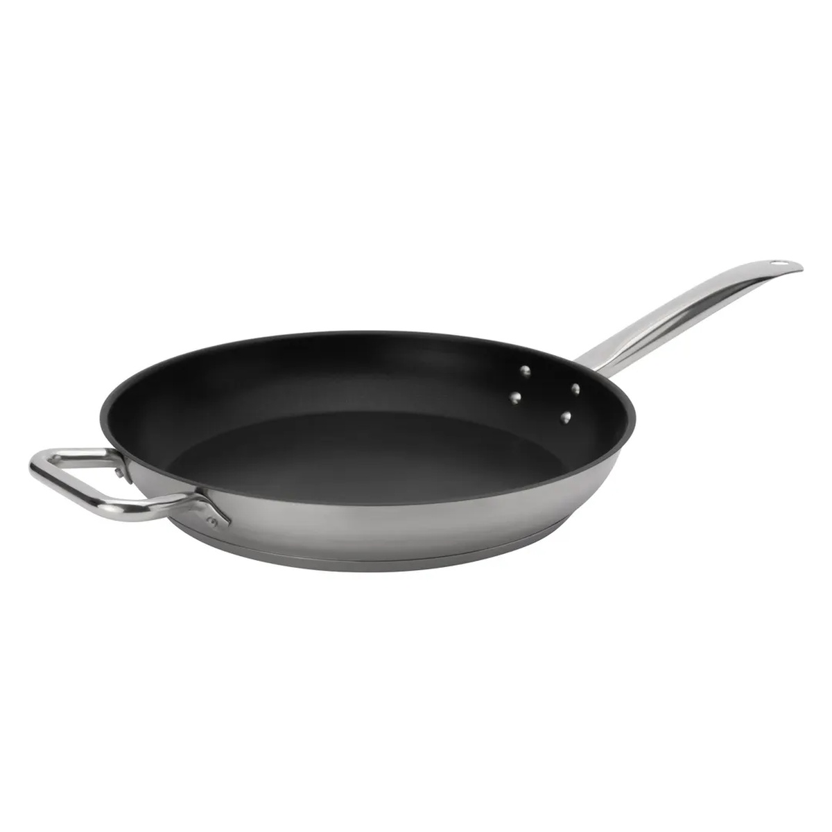 Browne USA Elements 12.5-inch stainless steel fry pan with black Teflon non-stick interior, riveted hollow cool-touch handle, and extra wide loop helper handle