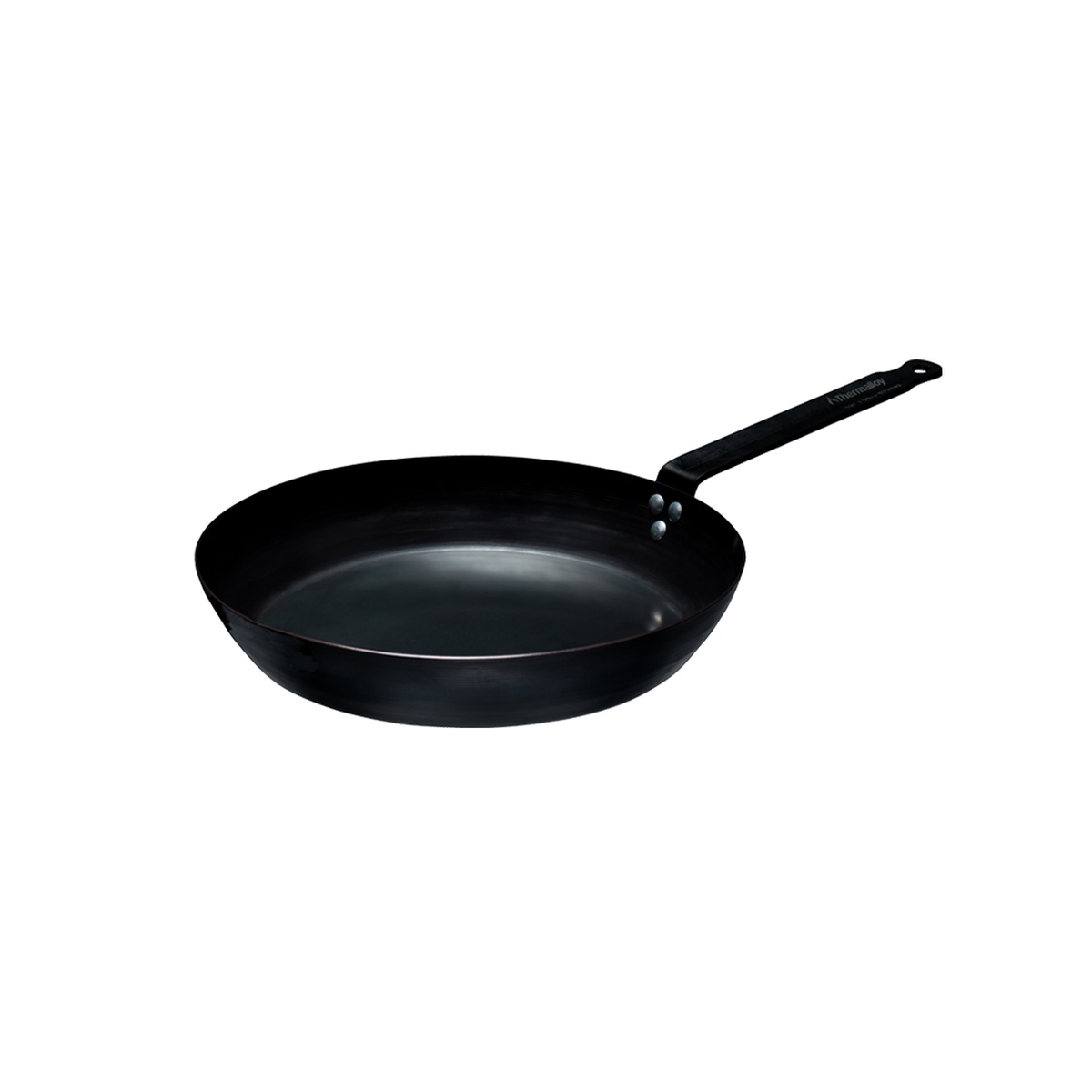 Browne Thermalloy 5.5-inch black carbon steel fry pan with riveted handle on white background