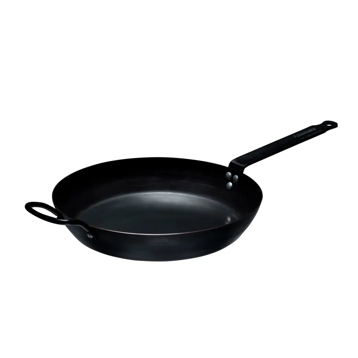 Browne USA Thermalloy 573742 black carbon steel fry pan with riveted handle and helper handle on white background