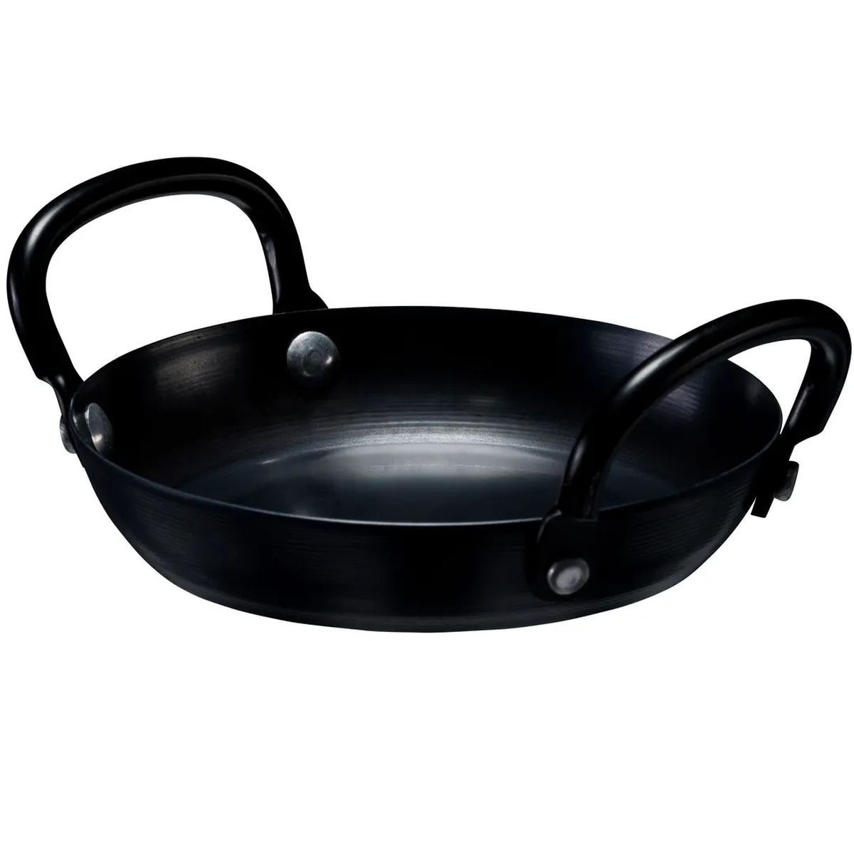 Browne USA Foodservice 573745 Thermalloy black carbon steel fry pan with two riveted handles, shown on white background