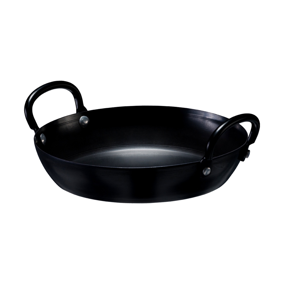 Side view of Browne 573748 Thermalloy carbon steel fry pan with two handles