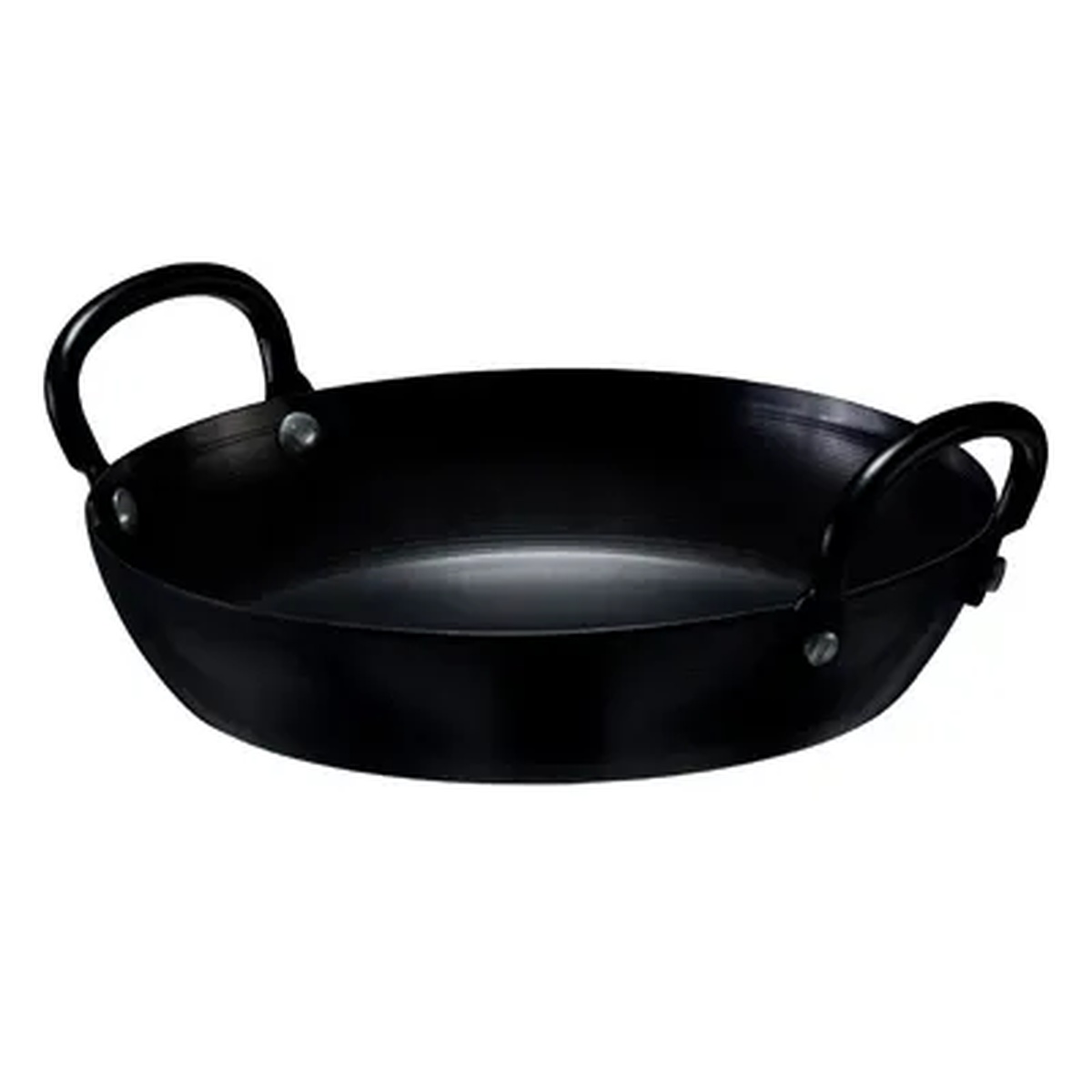 Browne USA 573752 Thermalloy black carbon steel fry pan with two riveted handles, top view on white background