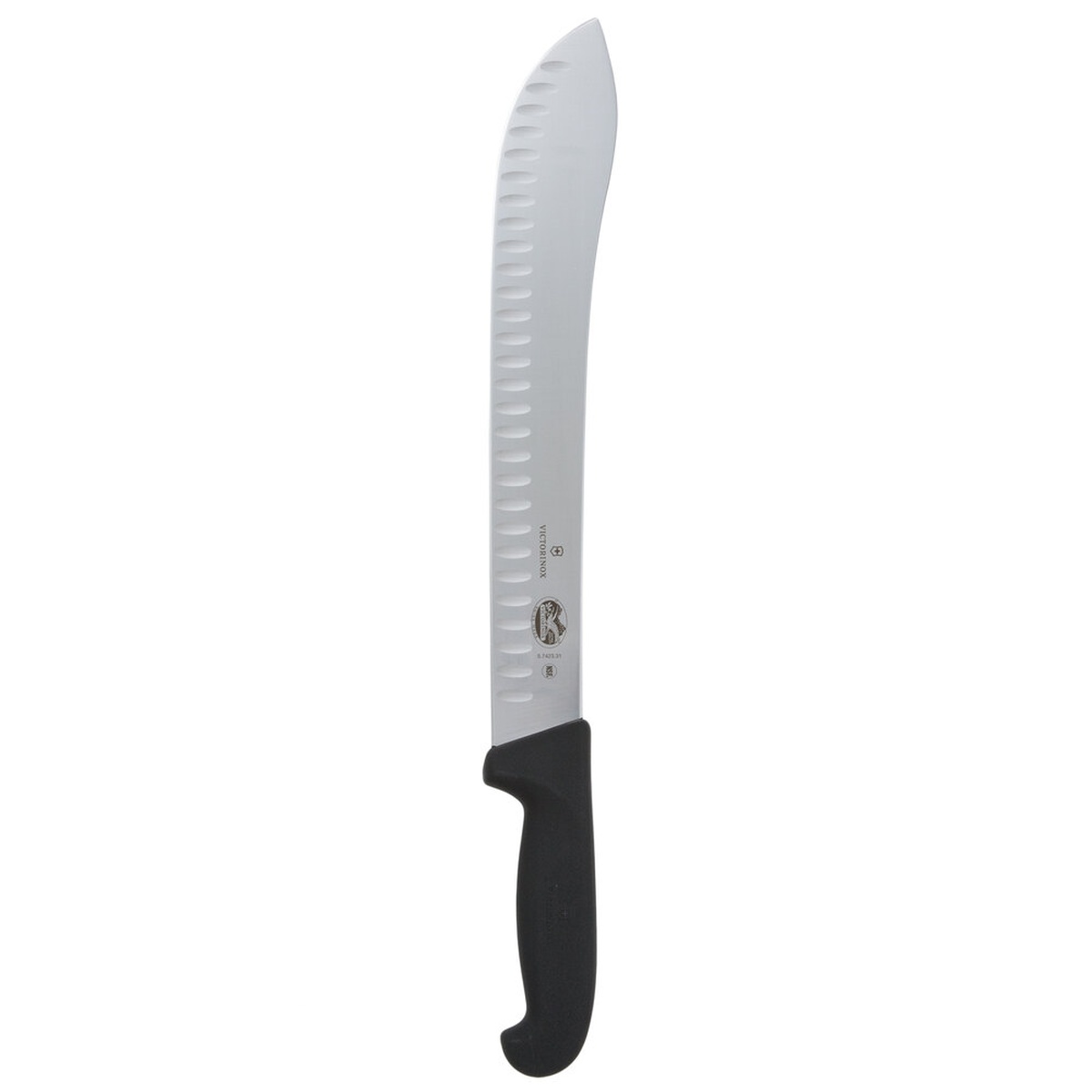 Victorinox 5.7423.31 12-inch Granton butcher knife with black Fibrox handle on white background - side profile view
