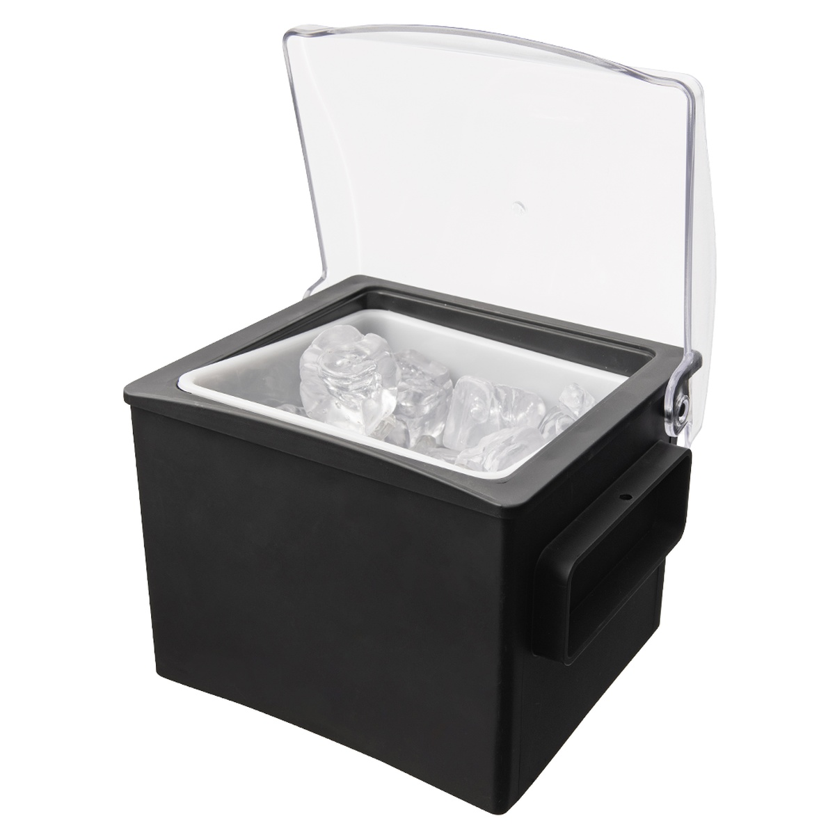 Browne 574876 detachable side compartment accessory with transparent cover open, showing ice and fruit condiments inside the black insert