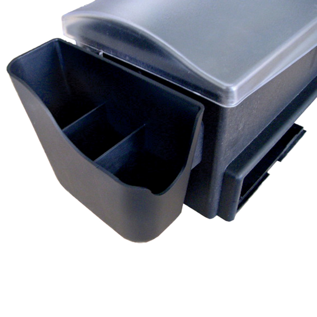 Browne 574877 detachable cocktail accessory holder attached to the side of the bar station, showing two internal compartments for straws, picks, and stirrers