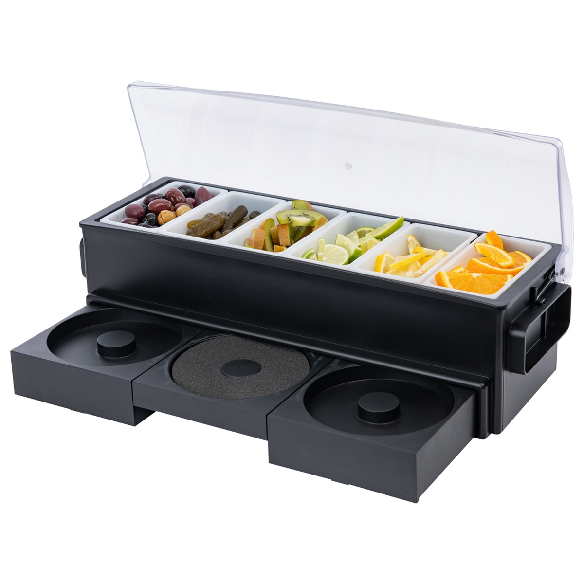 Browne All-In-One Bar Station with six garnish compartments filled with fruit and garnishes, transparent polycarbonate cover open, salt rimmer and sponge drawer visible below