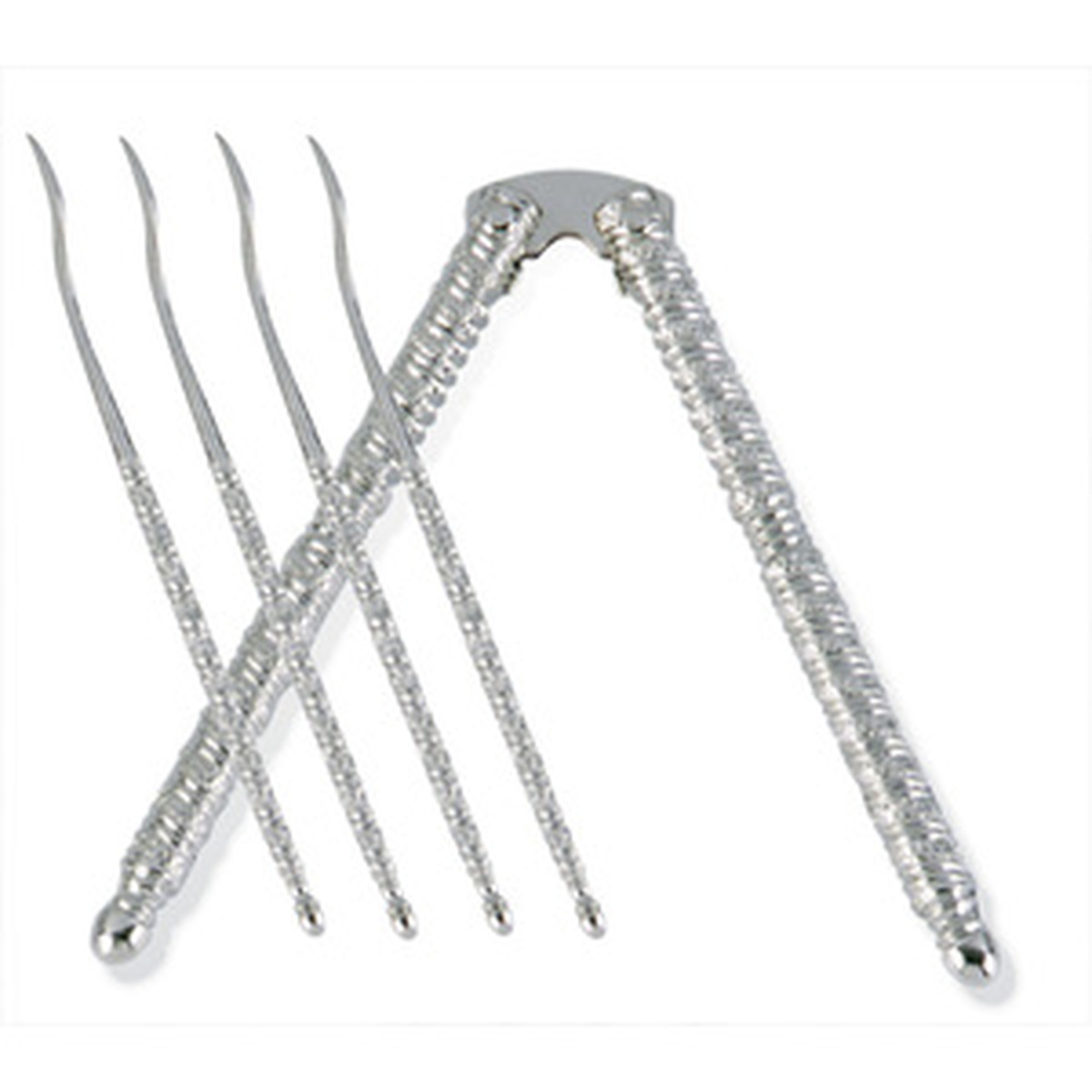 Norpro 575 silver nutcracker with four curved metal picks on white background