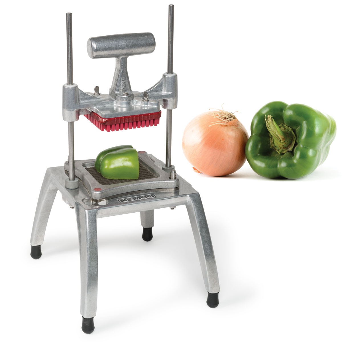 Nemco Easy Chopper III manual vegetable dicer with T-handle and red blade assembly shown with onion and bell peppers