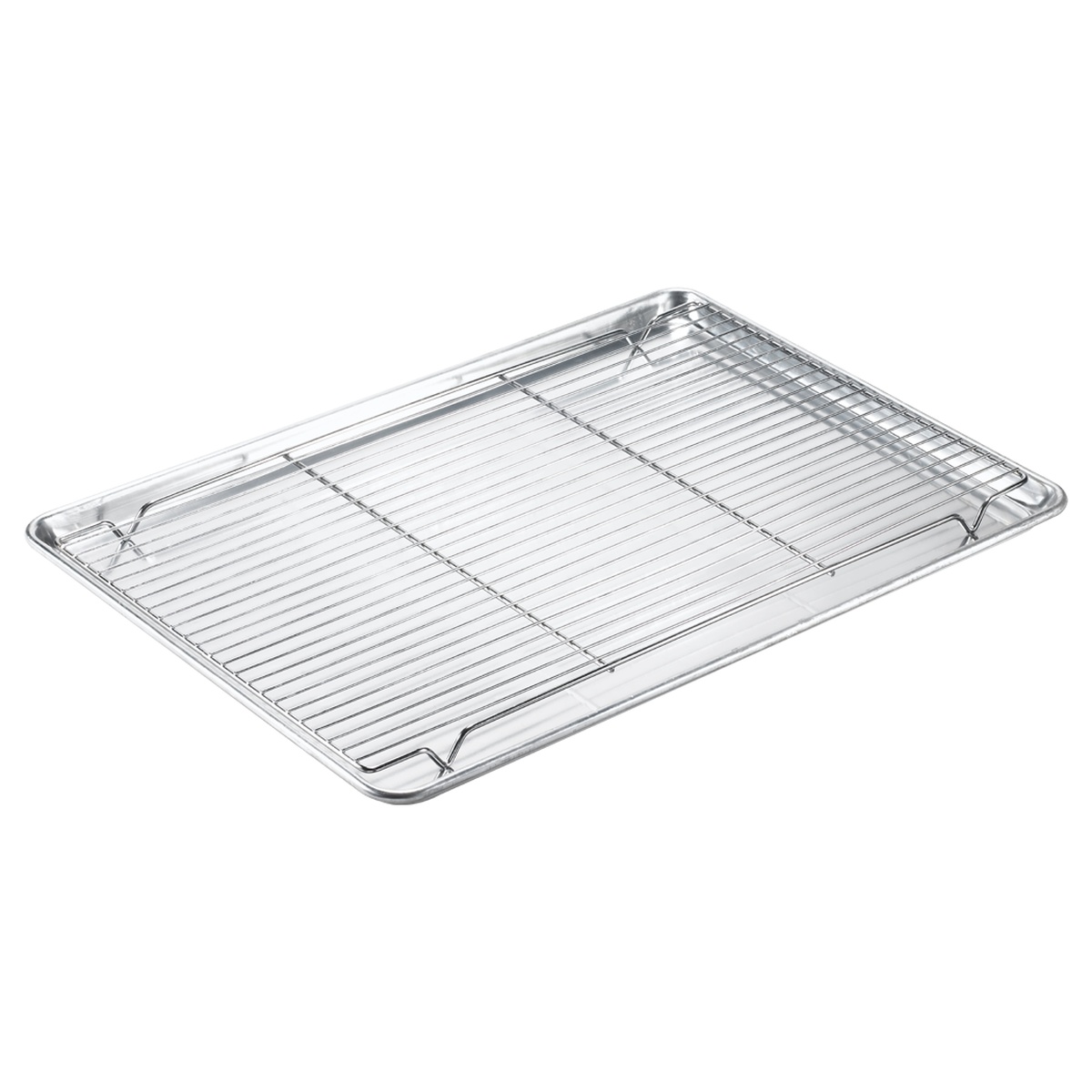 Browne USA Foodservice 575525 Footed Rib Grate wire rack resting inside a full size stainless baking pan