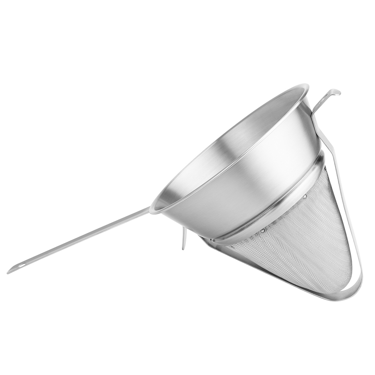 Browne USA 575414 bouillon strainer viewed from the side, highlighting the pan hook and reinforcement bar
