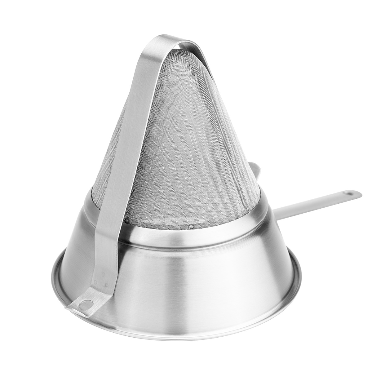 Browne USA 575414 bouillon strainer shown resting upright in its wide flared base with reinforcement bar visible