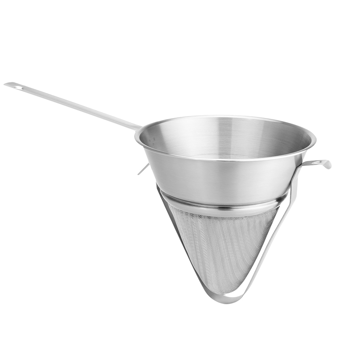 Browne USA 575414 bouillon strainer showing long handle, pan hook, and conical fine-mesh cone from a three-quarter angle