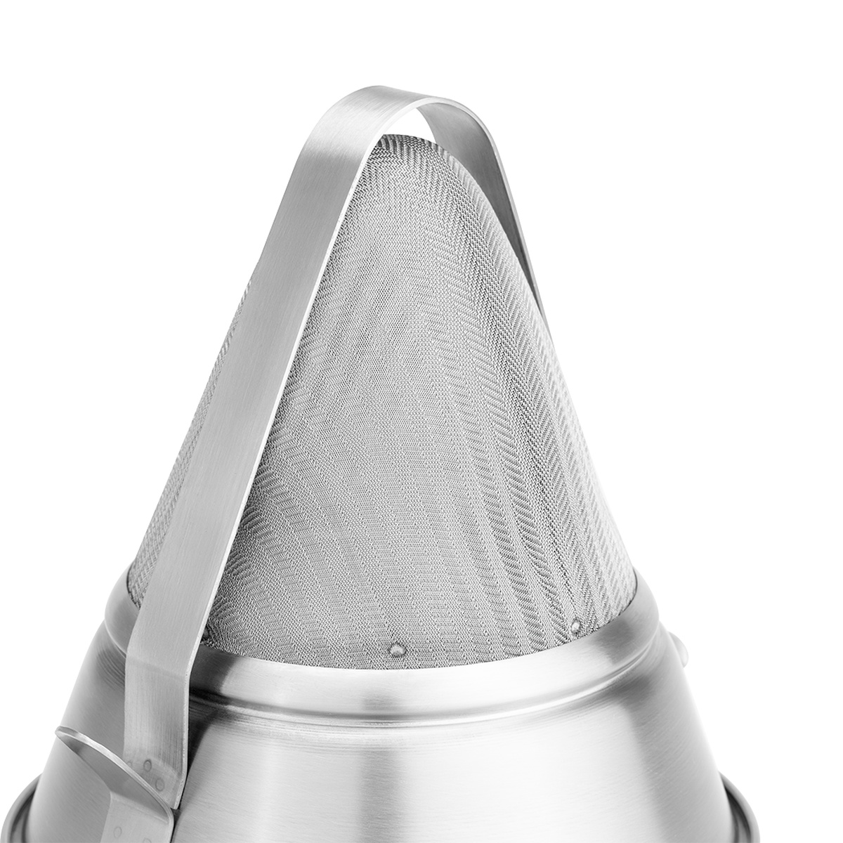 Close-up detail of the extra-fine stainless steel mesh cone on the Browne USA 575414 bouillon strainer