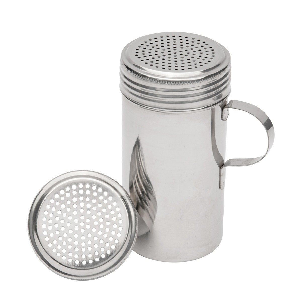 Browne USA stainless steel dredge shaker with perforated lid and side handle, shown assembled and with lid removed