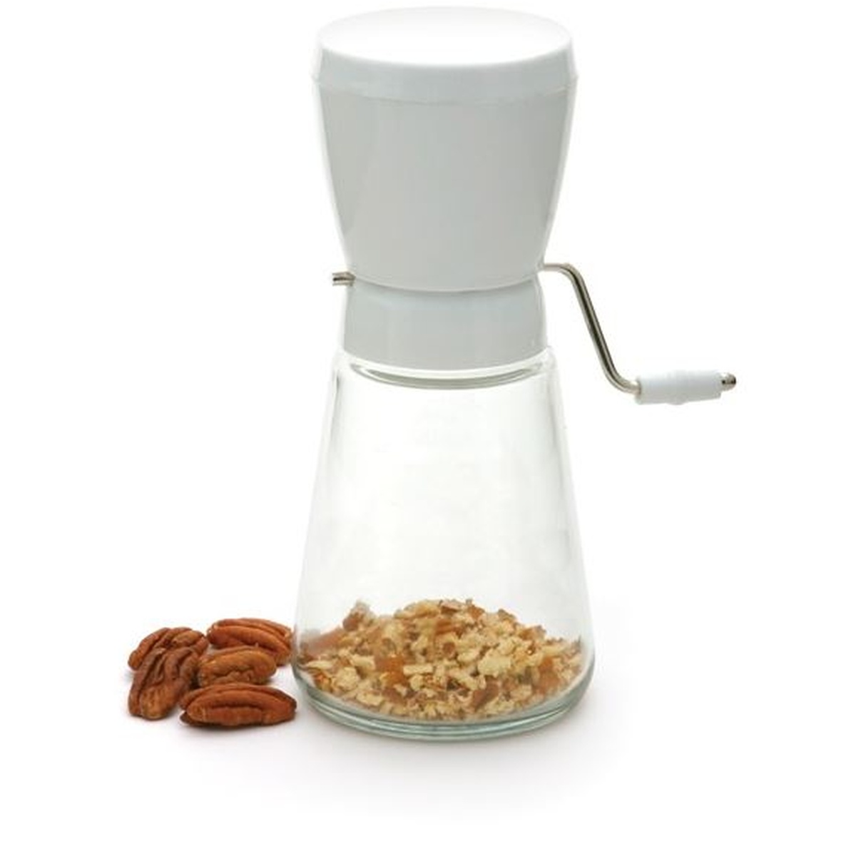Norpro 576 nut chopper with windmill crank, clear glass container holding chopped pecans with whole pecans alongside