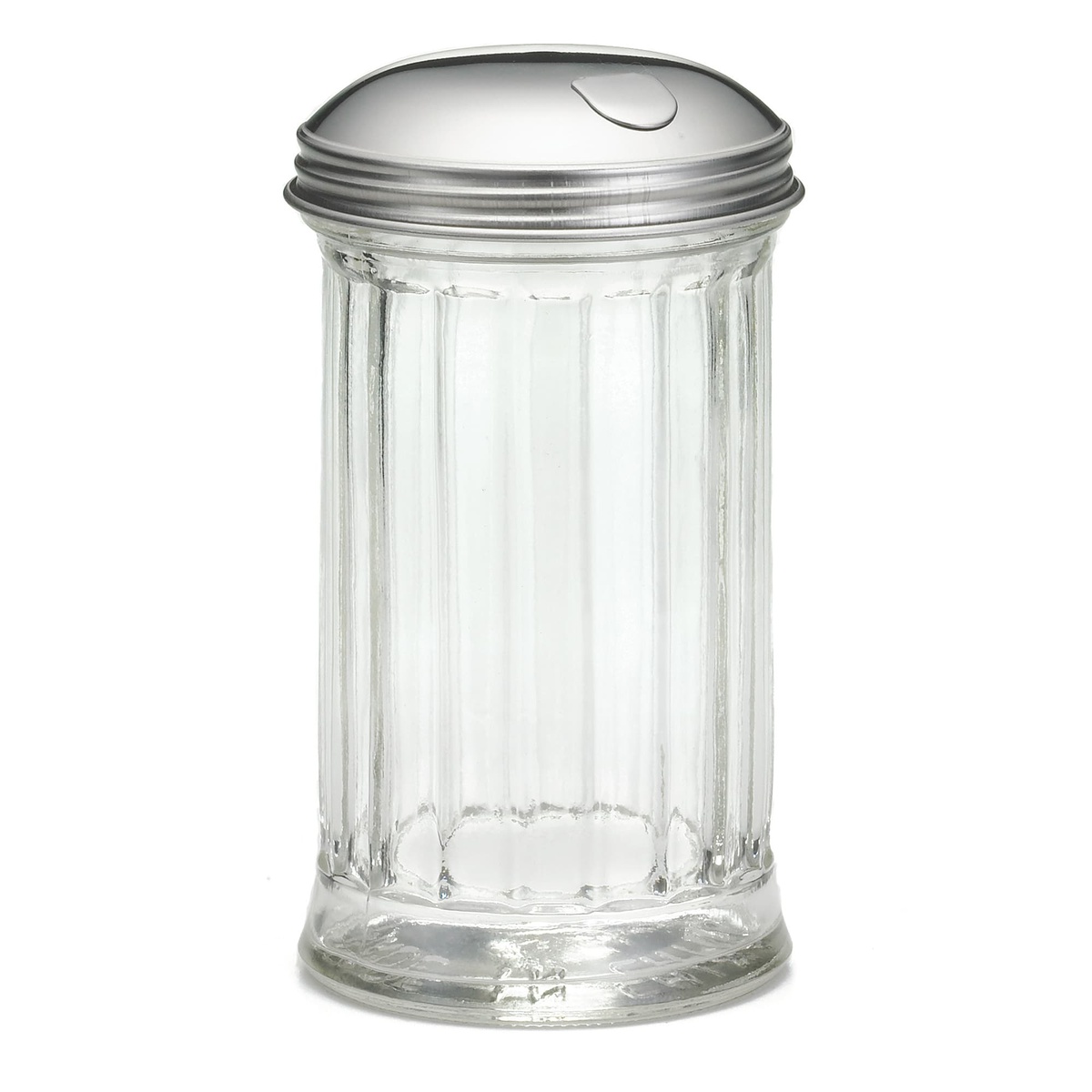 Tablecraft 57S 12 oz fluted clear glass sugar pourer with stainless steel side flap top
