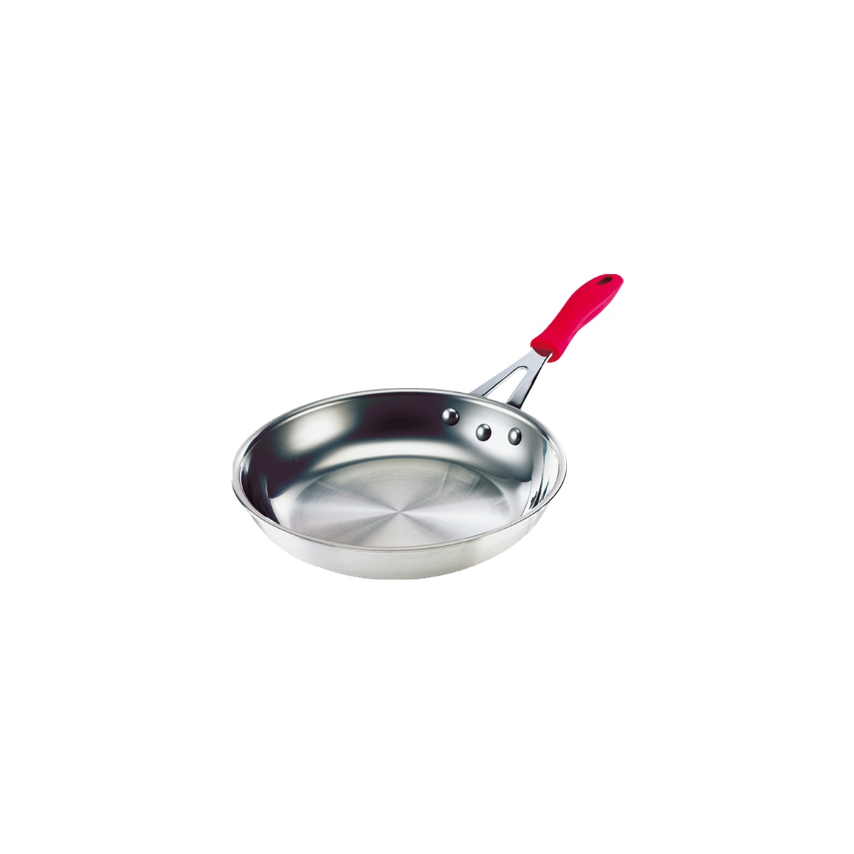 Browne Thermalloy 7-inch 2-ply stainless steel fry pan with red silicone handle sleeve