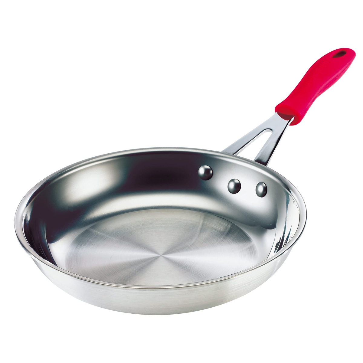 Browne USA Foodservice Thermalloy 10-inch 2-ply stainless steel fry pan with riveted handle and red silicone sleeve