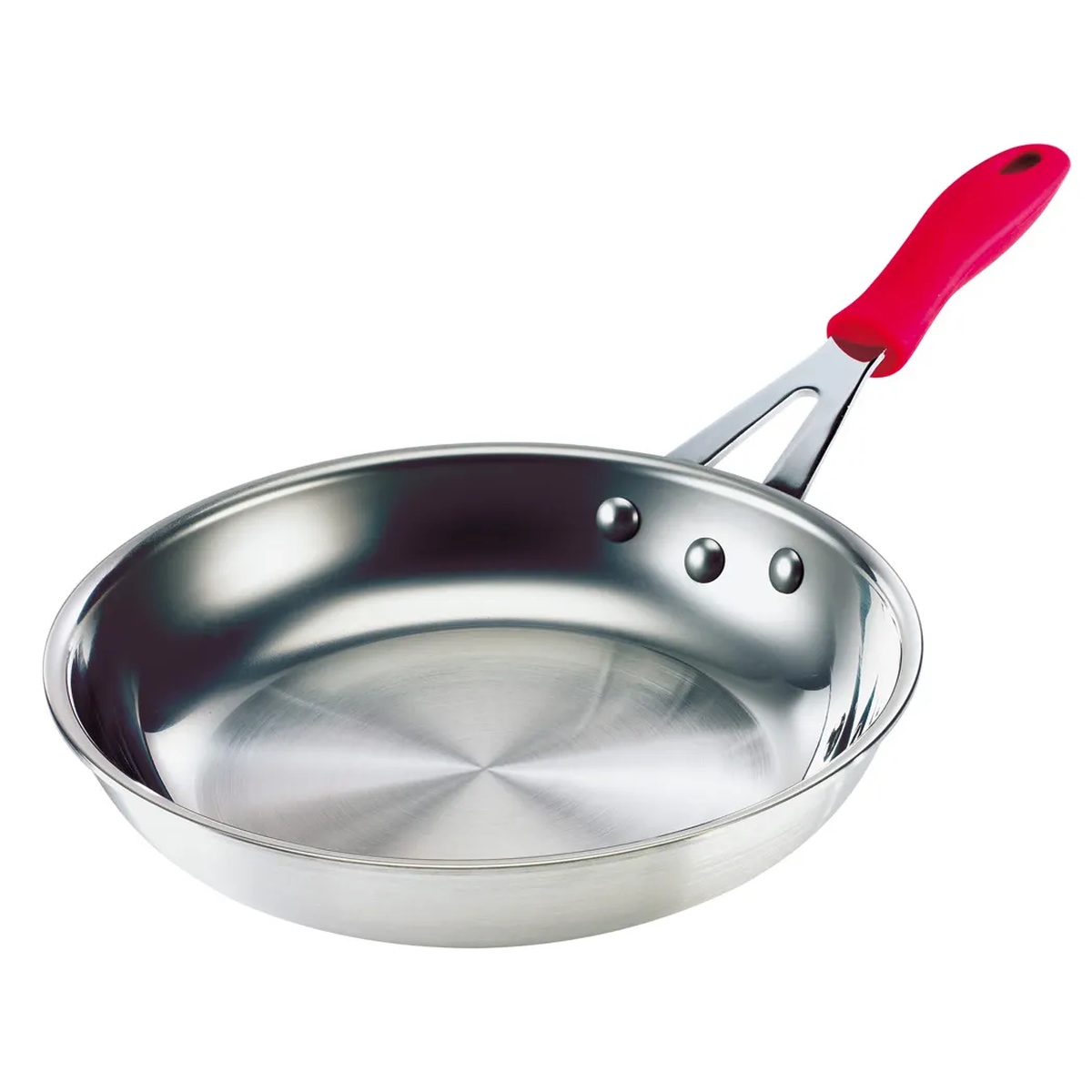 Browne USA Thermalloy 12-inch stainless steel fry pan with red silicone handle sleeve