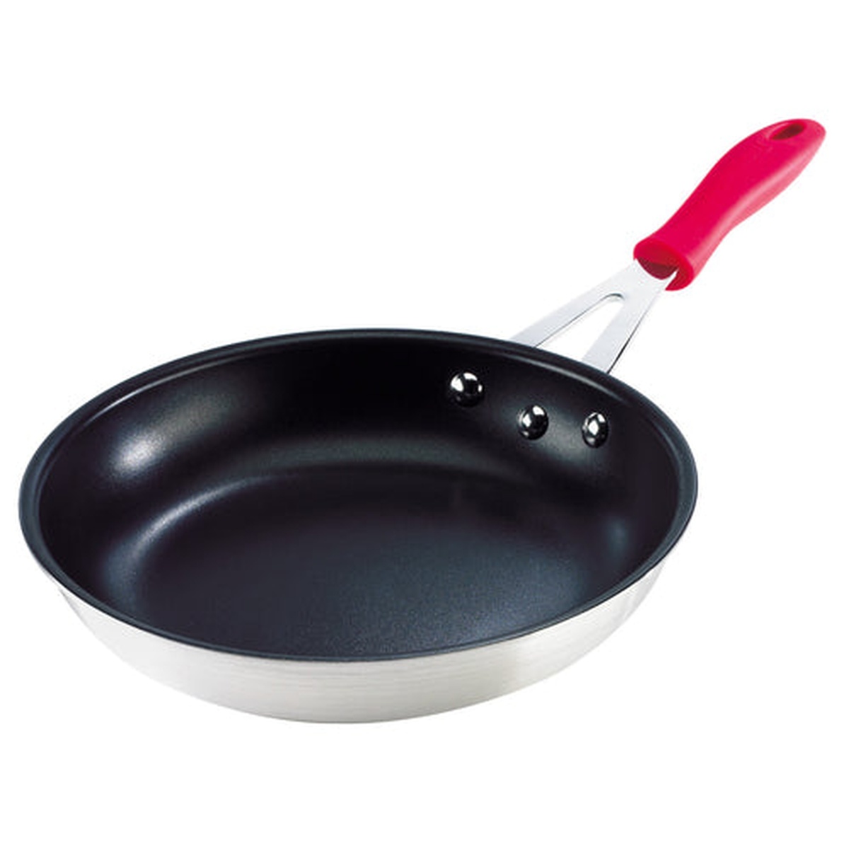 Browne Thermalloy 8-inch non-stick fry pan with riveted steel handle and red silicone sleeve