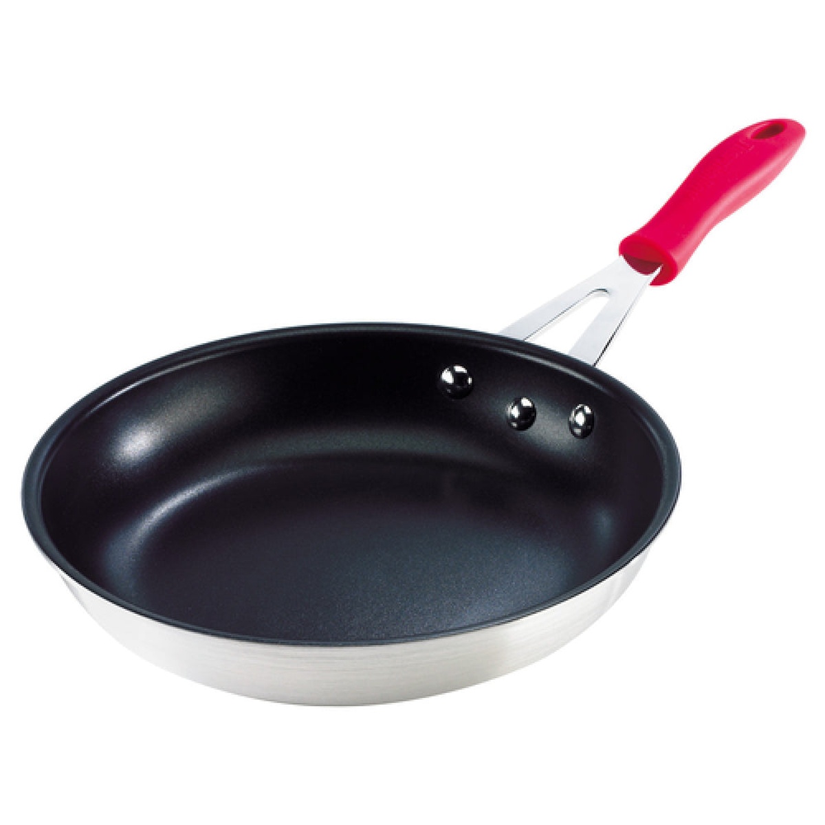 Browne Thermalloy 12-inch non-stick fry pan with black Excalibur coating and red silicone handle sleeve