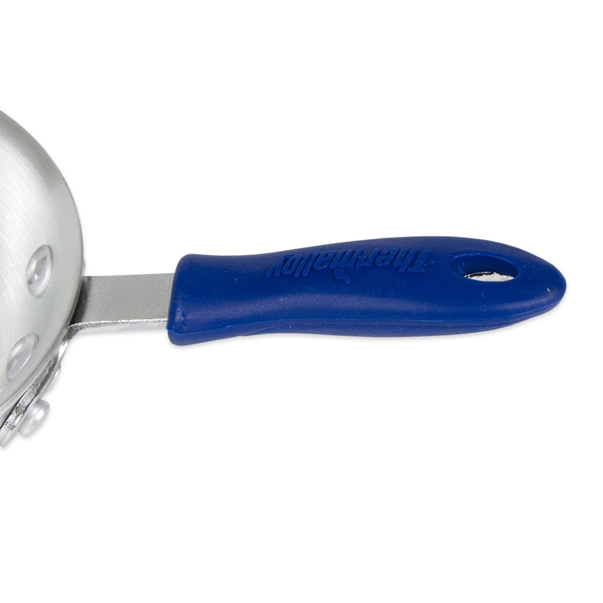 Close-up of the blue Thermalloy-branded removable silicone sleeve on the riveted aluminum handle