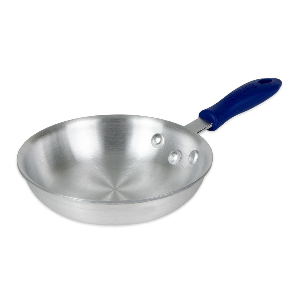 Browne Thermalloy 7-inch aluminum fry pan with blue silicone handle on white background