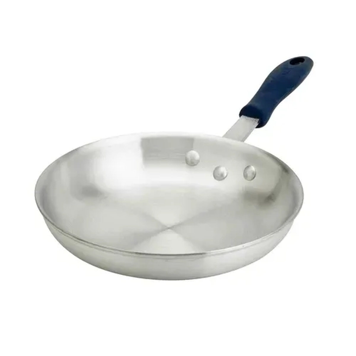Browne Thermalloy 8-inch aluminum fry pan with blue silicone handle on white background