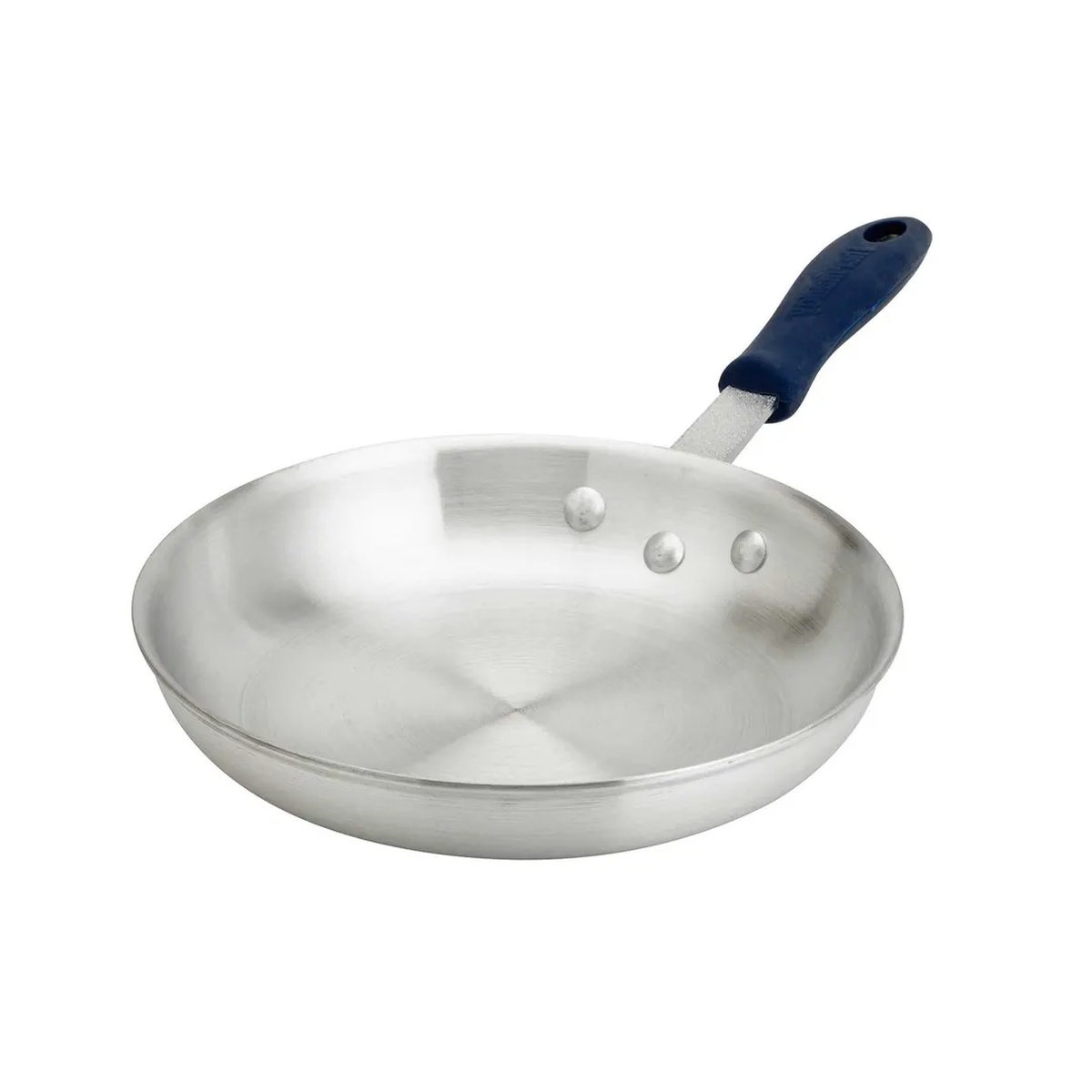 Browne USA Thermalloy 12-inch aluminum fry pan with blue silicone handle and riveted offset attachment