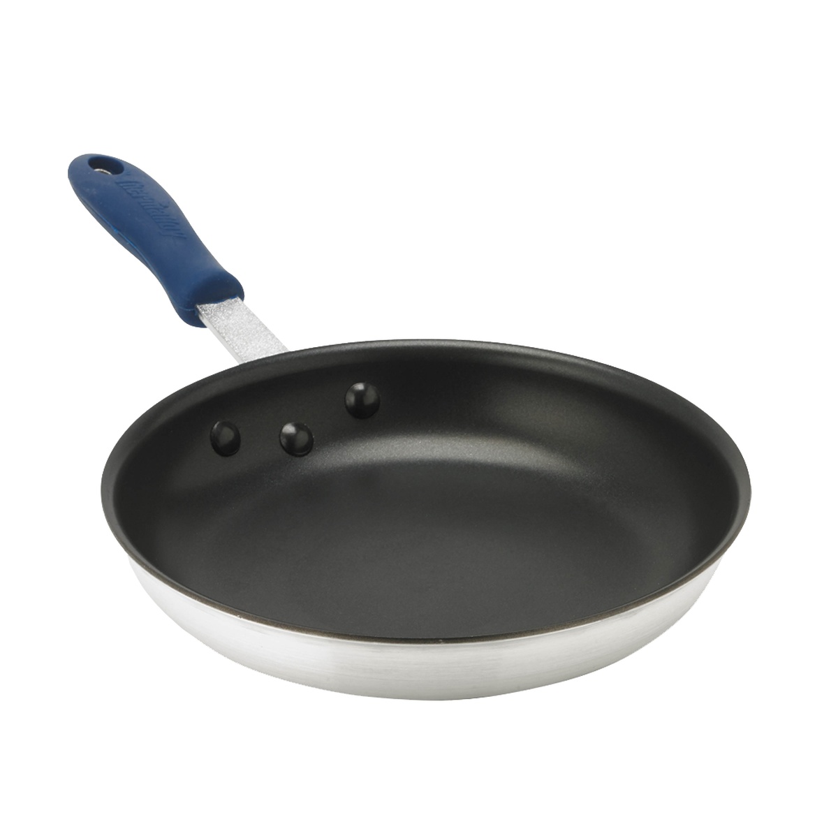Browne Thermalloy 10-inch aluminum fry pan with blue silicone handle sleeve and Eclipse non-stick interior