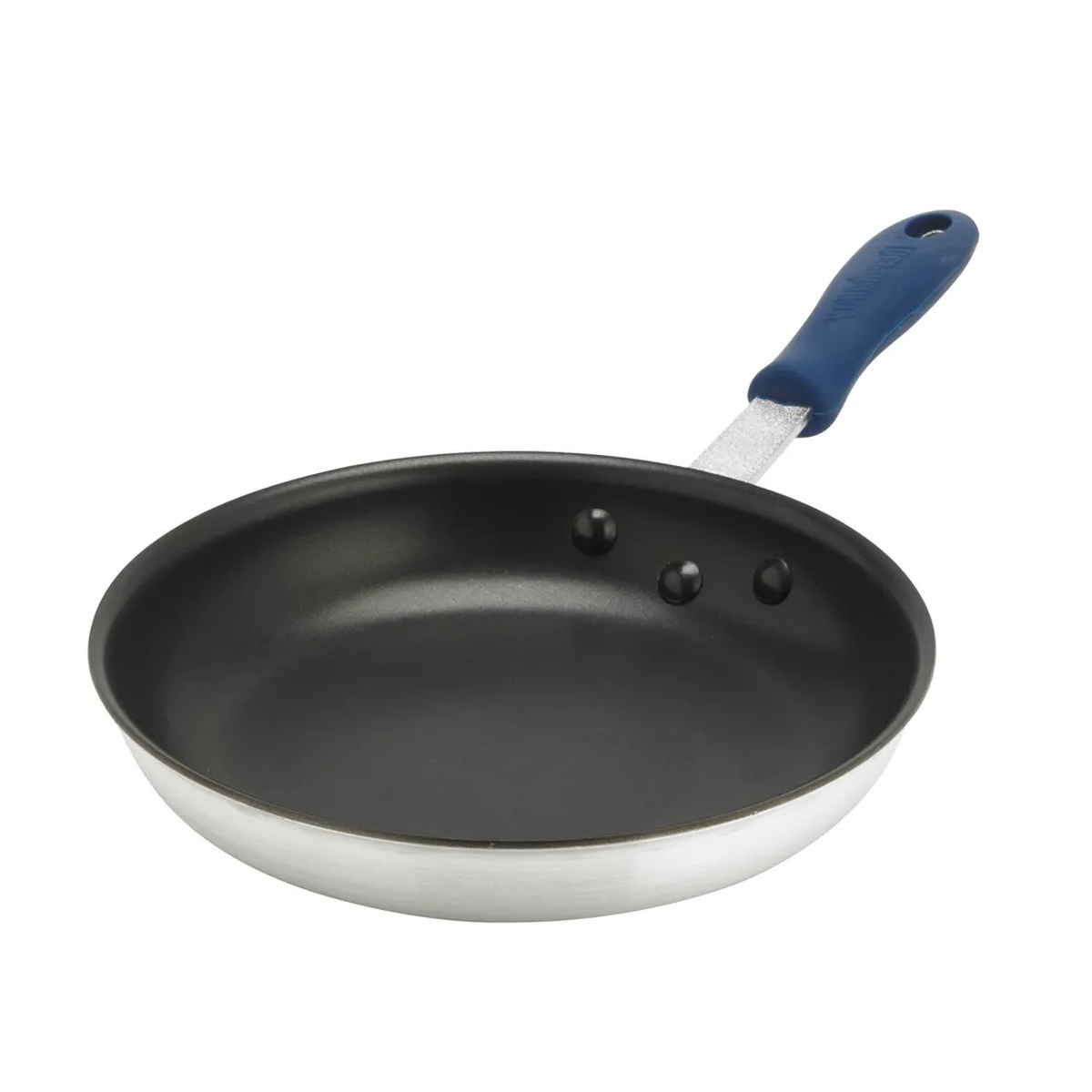 Browne Thermalloy 12-inch aluminum non-stick fry pan with blue silicone handle sleeve and riveted handle